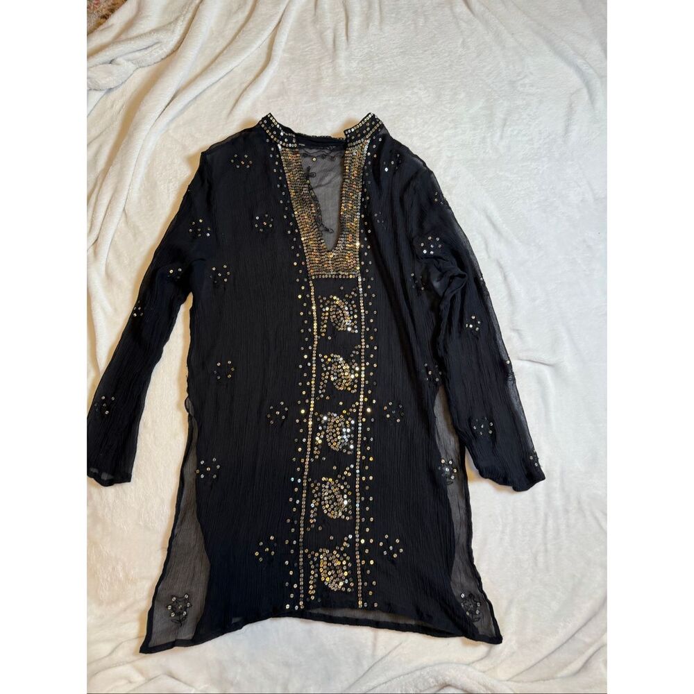 Black Sheer Sequined Tunic Stretchy Bling size Medium